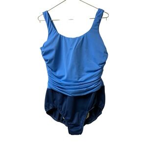 Land’s End Two-Toned Light Dark Blue Shapemaker Rouched One Piece Swimsuit 16W